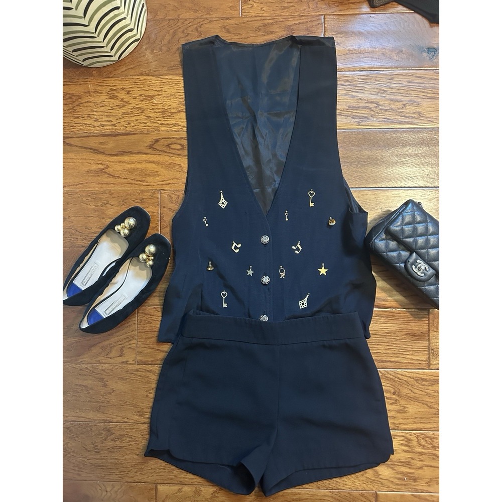Vintage 90s Black Charm Embroidered Vest Womens 11/12 Made in USA Keys Stars